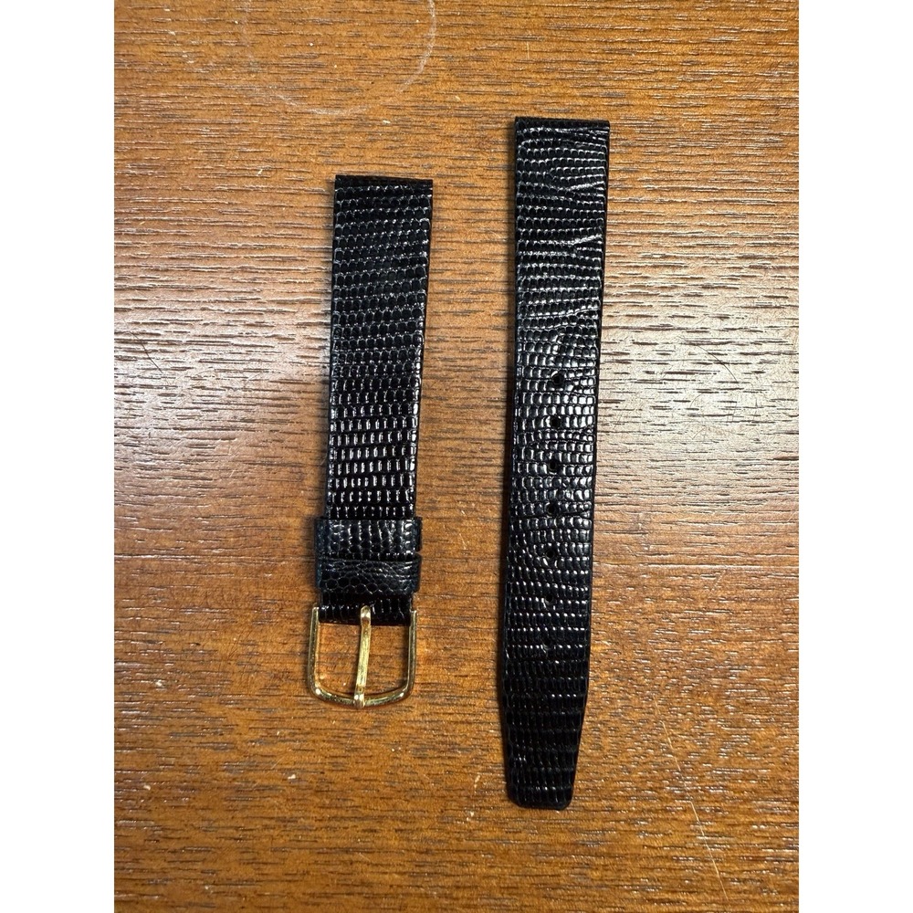 NOS WRISTWATCH BAND 16mm BLACK GENUINE LIZARD Gold Buckle